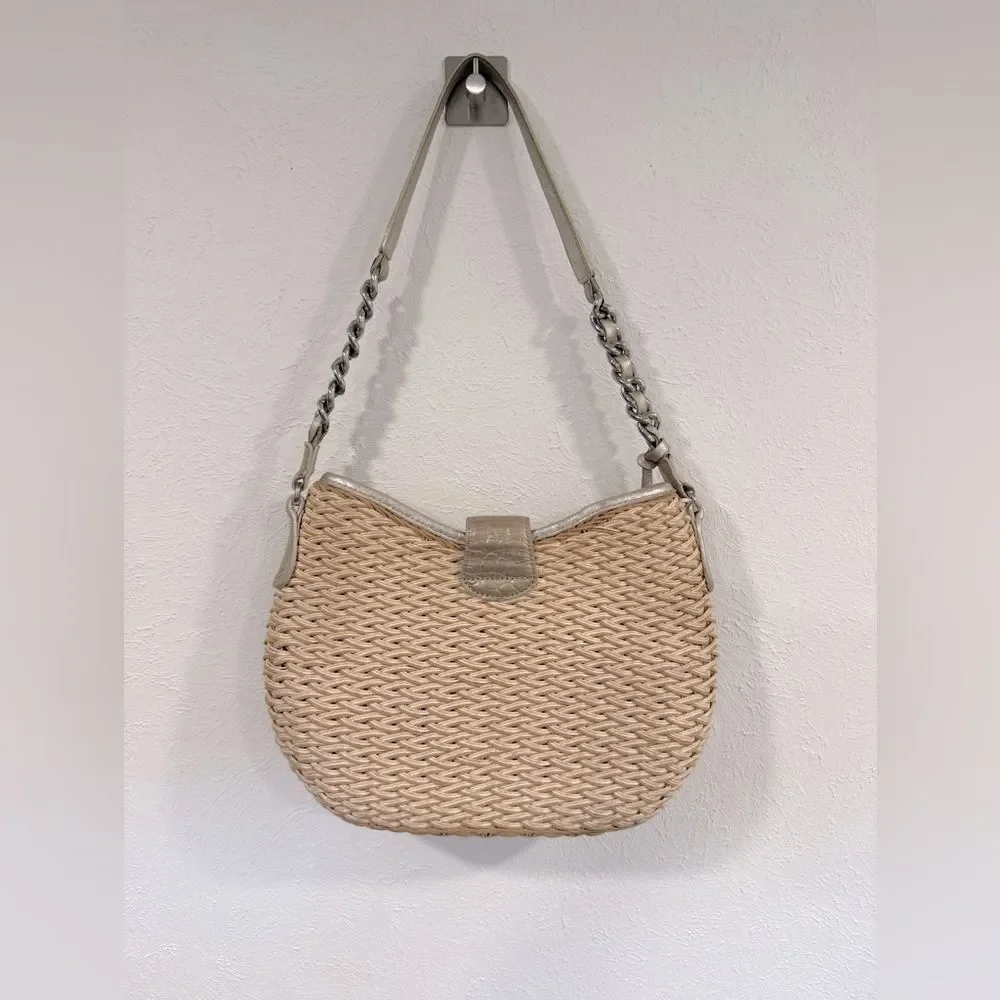 Brighton Jani Straw Chain Shoulder Bag Gold Silver Leather Strap